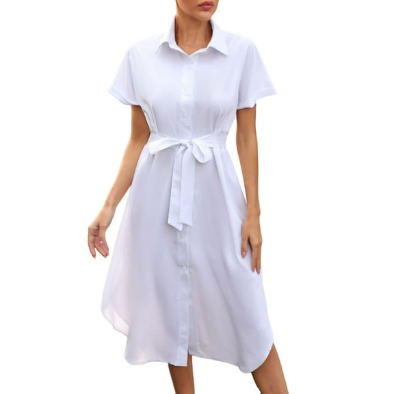 OSOLU Solid Color Shirt Dress Women Roll Sleeve Short Sleeve Belt Mid Skirt Women Summer Women Clothing Cute Sundress Dresses For Women 2025 Elegant Classy