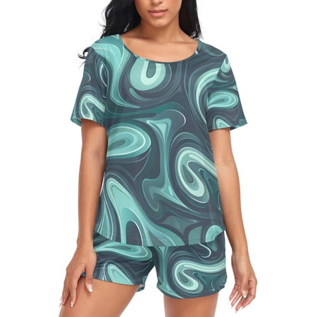 joogoo Women s Pajama Set Green Graffiti Short Sleepwear Loungewear with Pockets S
