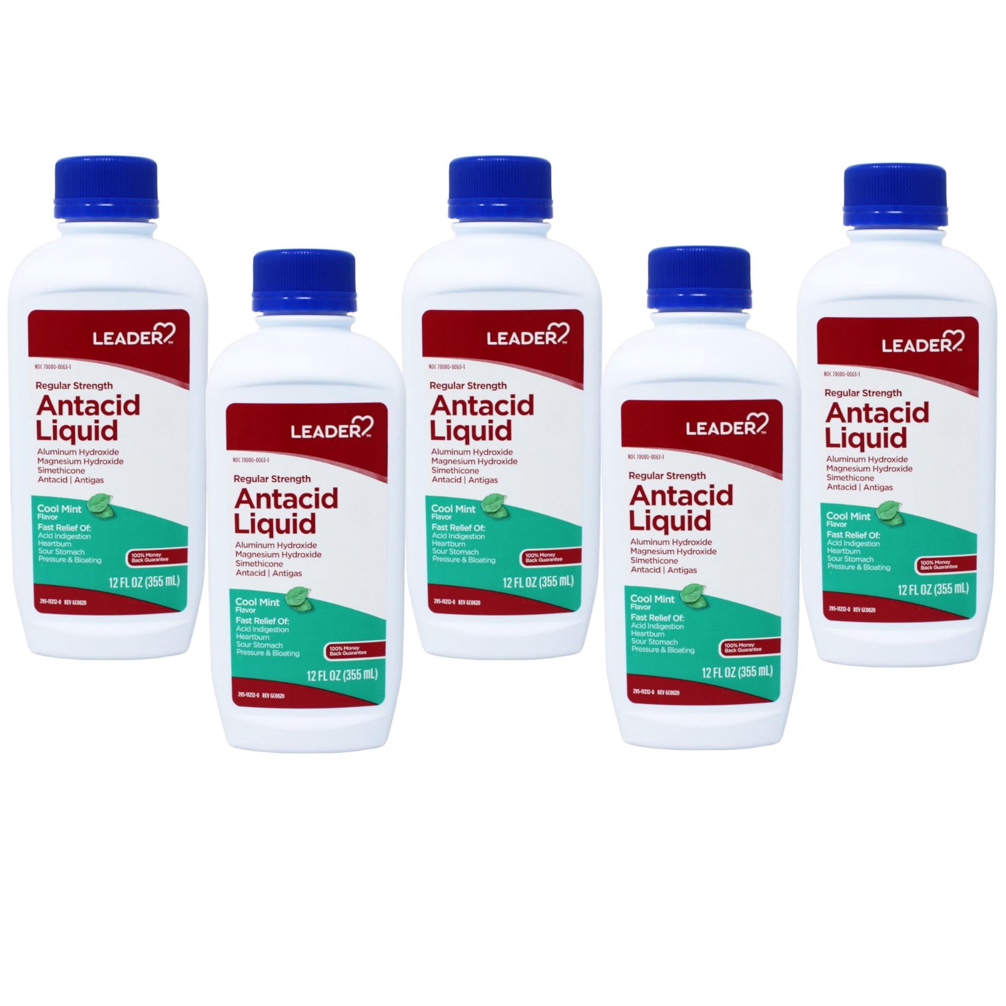 Leader Regular Strength Antacid Liquid, Cool Mint, 12 fl oz - 5 Pack