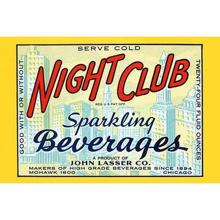 A soda bottle label for Night Club brand sparkling drinks  The label shows a city scene of buildings and skyscrapers Poster Print by
