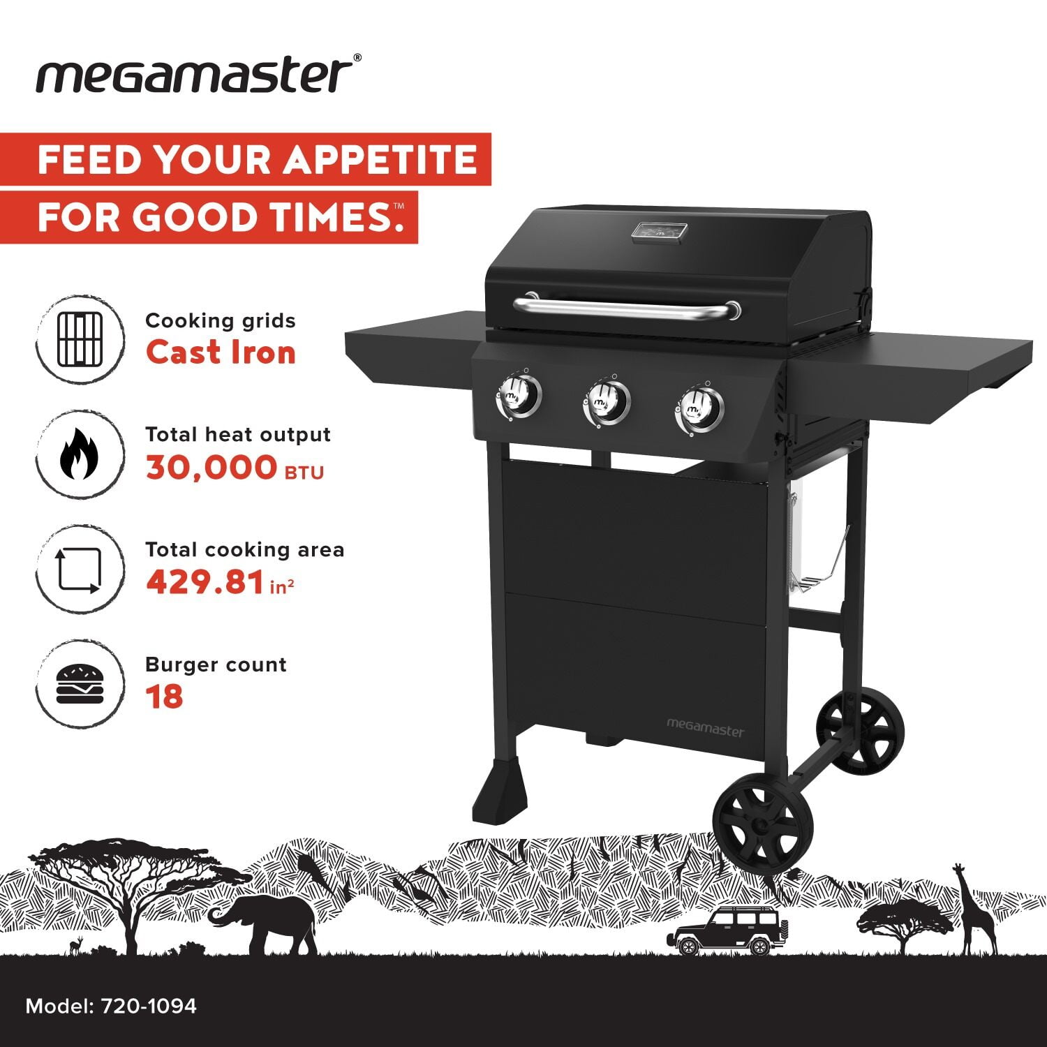 Megamaster 3-Burner Propane Gas Grill with Side Tables, 30,000BTUs, 429.81 SQ. in. Cooking Space, 2 Wheel Transport, Outdoor Kitchen Grill for BBQs, Backyards, Tailgating, and More - 720-1094