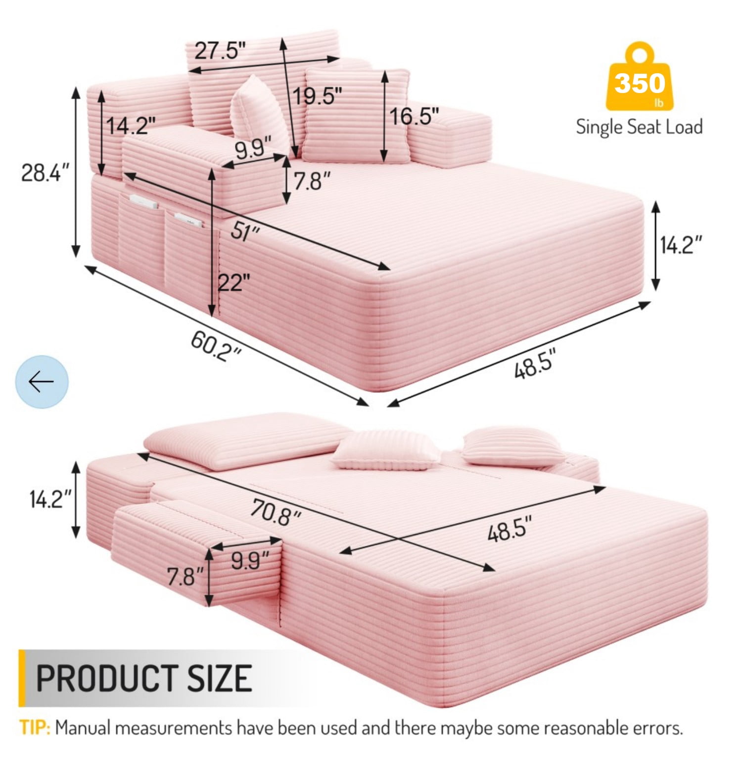 Aukfa Chaise Lounge Chair Indoor, Oversized Corduroy Boneless Sleeper Sofa Bed with Storage Pockets, Adjustable Backrest&3 Pillows, Reading Couch for Living Room Apartment, Pink