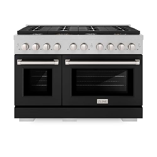 ZLINE 48 in. 6.7 cu. ft. Paramount Double Oven Gas Range with 8 Burner Cooktop in DuraSnow Stainless Steel with Black Matte Doors (SGRS-BLM-48)