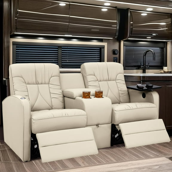 Qualitex De Leon RV Loveseat w/Storage Console, Ultimate Leather, Manual Recline, Bisque