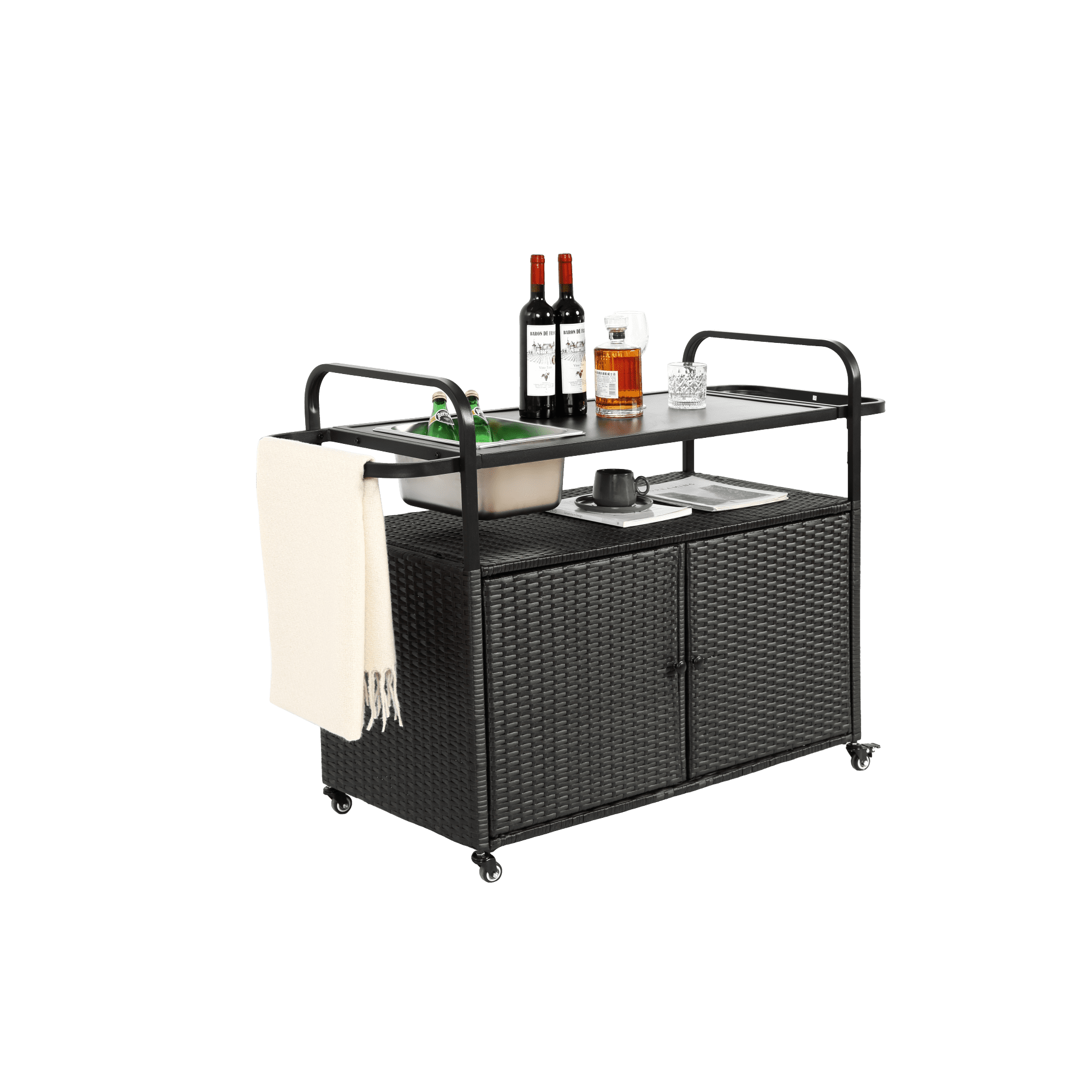 Outdoor Bar Cart,Wicker Bar Table Cart with Cabinet,Patio Serving Cart with Steel Top, Ice Bucket,Lockable Wheels, Side Basket for Garden, Poolside & Backyard,Black