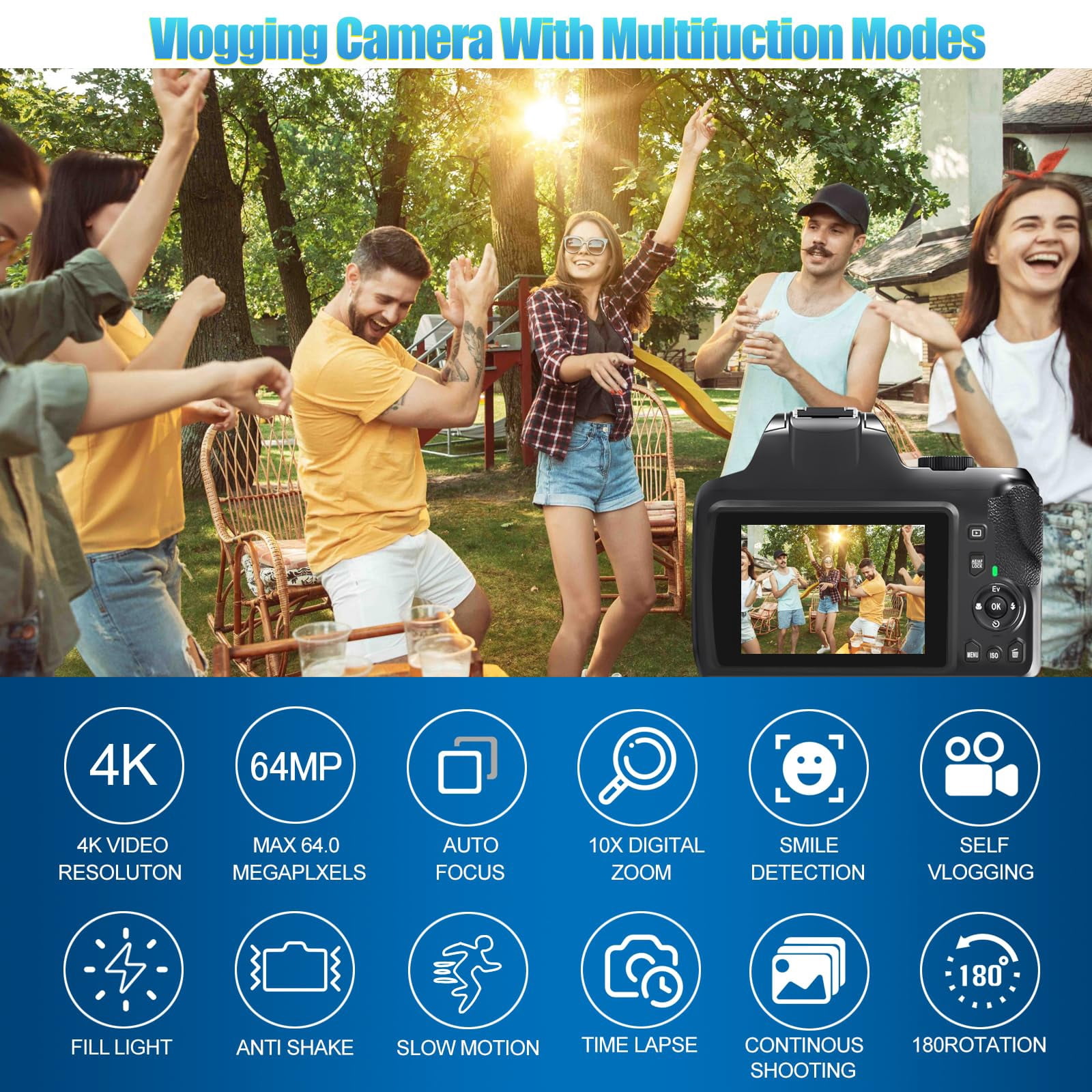 4K Digital Camera for Photography with WiFi, 10X Optical Zoom Vlogging Camera for YouTube 64MP Autofocus Compact Camera with 64GB SD Card, Battery, USB Card Reader & Charging Stand