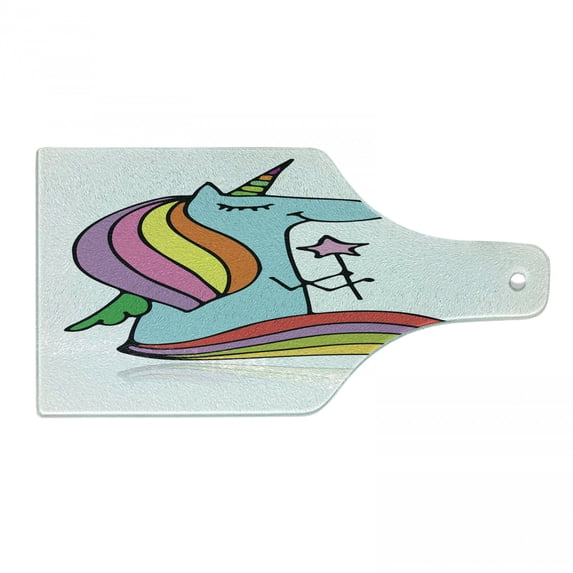 Unicorn Cutting Board, Doodle Drawing of a Mythical Animal Colorful Horse with Horn Holding a Magic Wand, Tempered Glass Cutting and Serving Board, Wine Bottle Shape, Multicolor, by Ambesonne