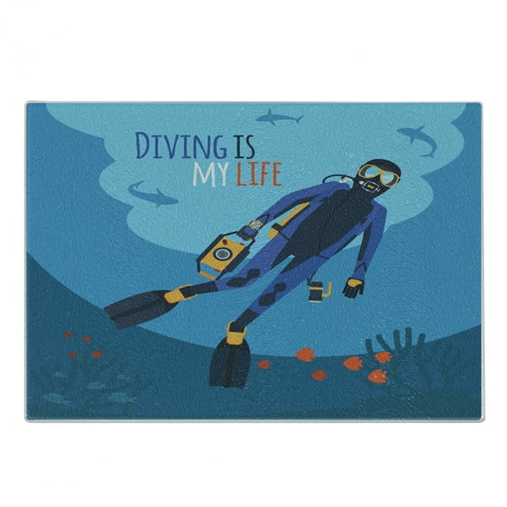 Diver Cutting Board, Diving is My Life Typography with Fish and Reef Fully Equipped Man Ready to Explore, Decorative Tempered Glass Cutting and Serving Board, in 3 Sizes, by Ambesonne