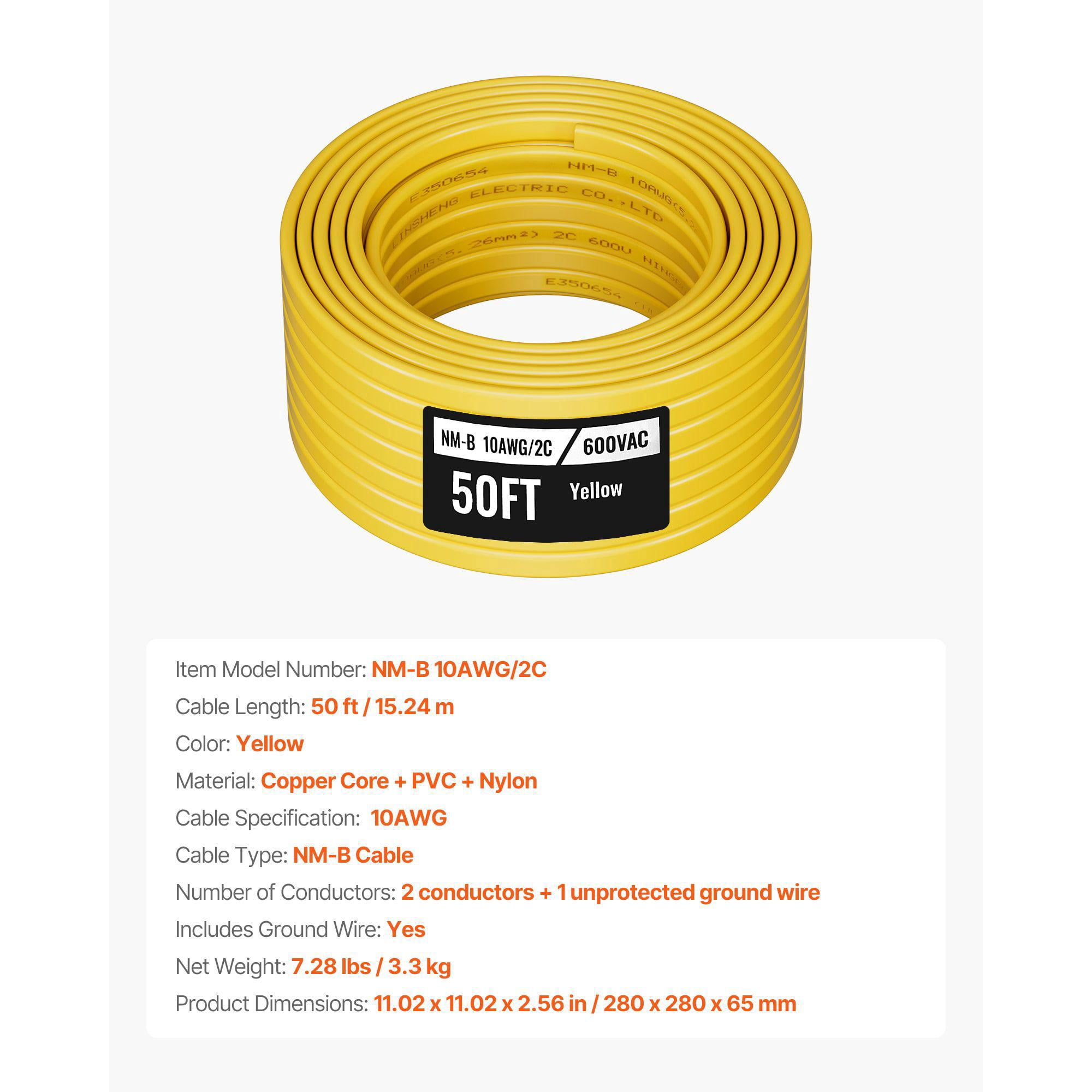 NM-B Wire 10AWG 2C Non-Metallic Residential Indoor Electrical Wire with Ground PVC Sheathed High Purity Copper Core Cable for Outlets Switches Lighting Wiring Projects 50 ft