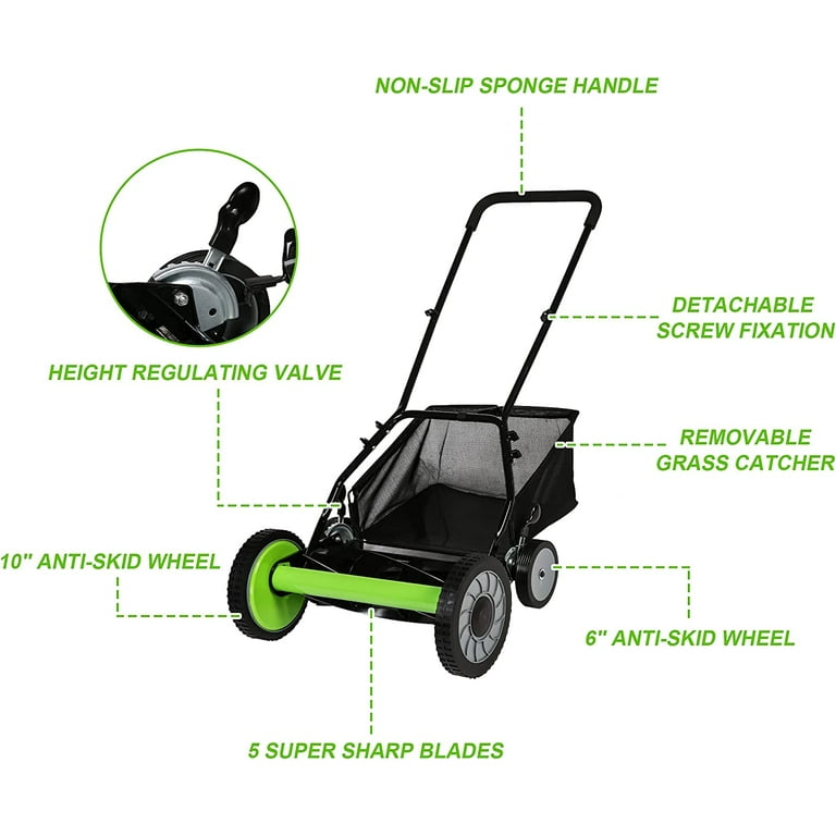 16-inch Manual Reel Lawn Mower Adjustable 5-Blade Push Lawn Mower with  Grass Catcher（4 wheels）, Green