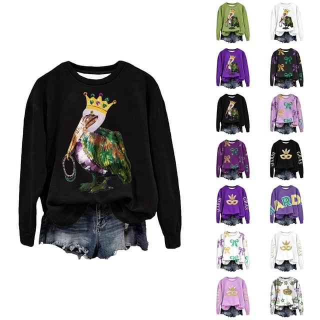 Mardi Gras 2026 Chandails en Molleton pour Femmes Tendance Manches Longues Col Rond Décontracté Carnaval Graphique Chandail en Molleton Pulls pour Femmes