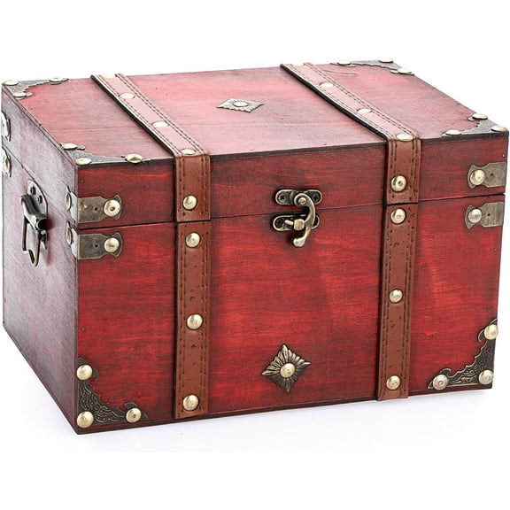 MY Vintage Treasure Chest, Pirate Keepsakes Box for Gifts, Wooden Storage Box Decorative for Jewelry Pearl Trinkets Tarot Cards, Large