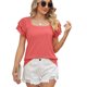 thumbnail image 1 of Camiseta de manga corta con vuelo para mujer, Top de doble capa, holgado, de verano, Color puro, informal, color naranja rosado XL, 1 of 8