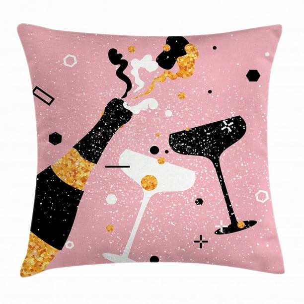 Champagne Throw Pillow Cushion Cover, Party Time Cheers Vintage Bottle
