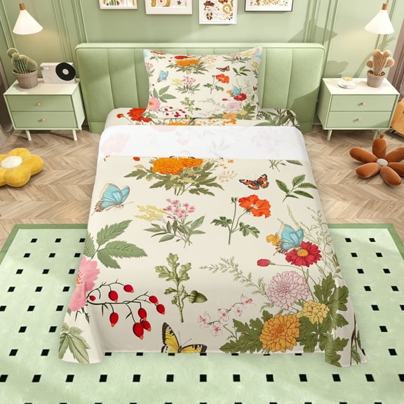 Erosebridal Garden Flower Twin Sheet Sets for Girls, Floral Butterfly Bedding, 3 Pieces, 1 Flat Sheet 1 Fitted Sheet and 1 Pillowcase
