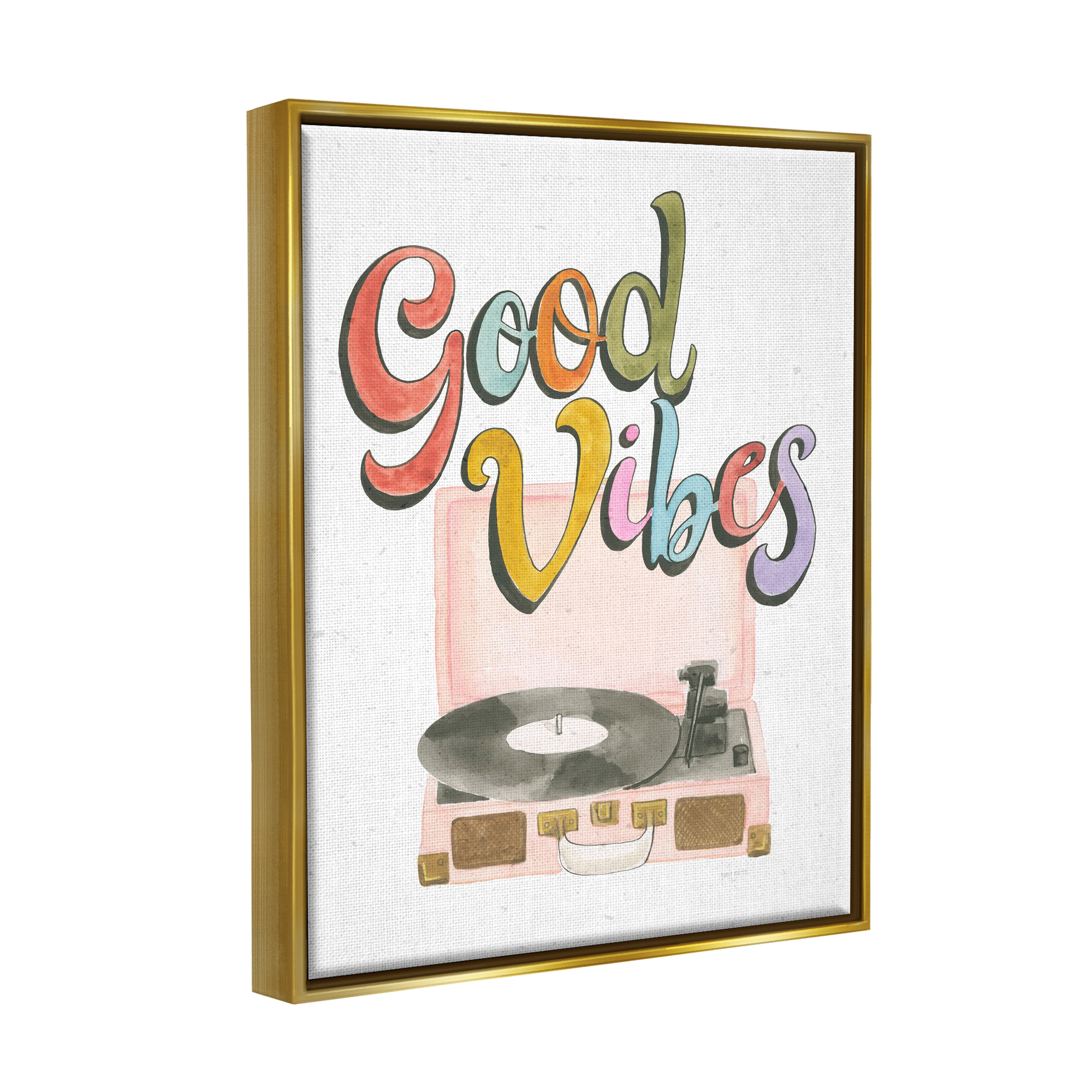 Stupell Industries Retro Good Vibes Turntable Typography Painting Gold Floater Framed Art Print Wall Art, 25 x 31