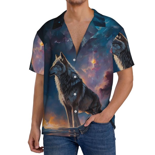 Balery Night Sky Wolf Camisa Casual de Manga Corta con Botones para Hombre, Texturizada, Estilo Cubano, para Playa, Verano-XX-Large