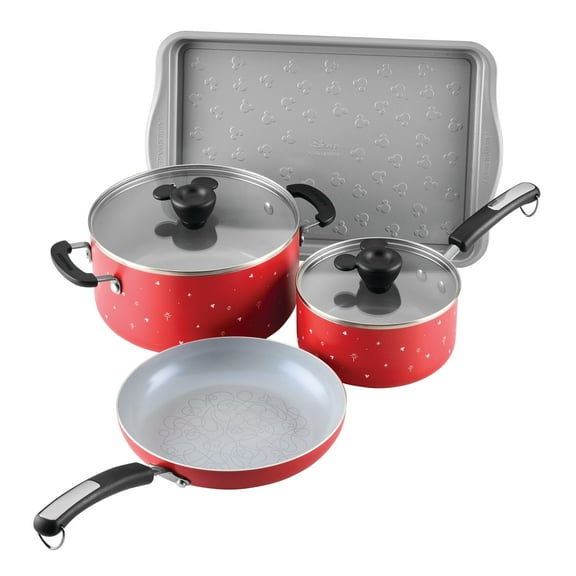 Farberware Ceramic Nonstick Pots and Pans Set with Baking Sheet/Cookie Pan and Disney Home Kitchen Tools, 8 Piece Non Stick Cookware Set - Red