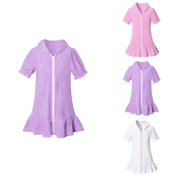Girls Hooded Zip-Up Terry Swim Cover Up Cotton Beach Dress with Short Sleeves, Sizes 2T-16 for Summer, Independence Day & Birthday