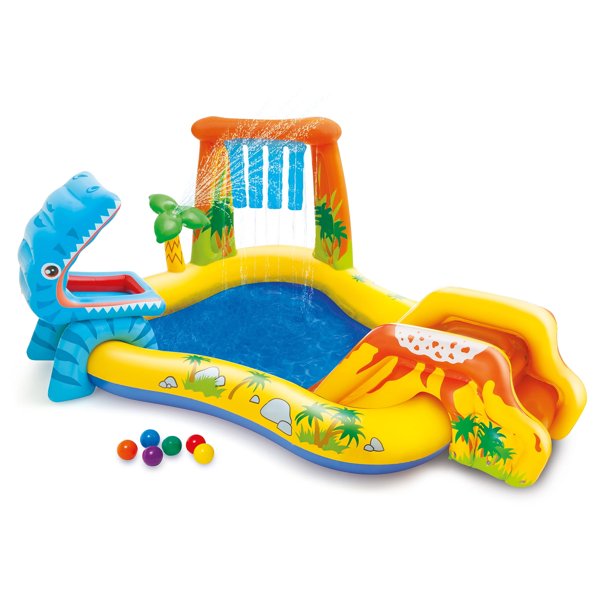 Intex: Dinosaur Inflatable Play Center - Kids Waterslide Playground,  Built-In Water Spraying Palm Tree u0026 Waterfall, 8ft 2in x 6ft 3in x 3ft 7in,  Includes 6 Colorful Plastic Balls, Ages 2+ - Walmart.com
