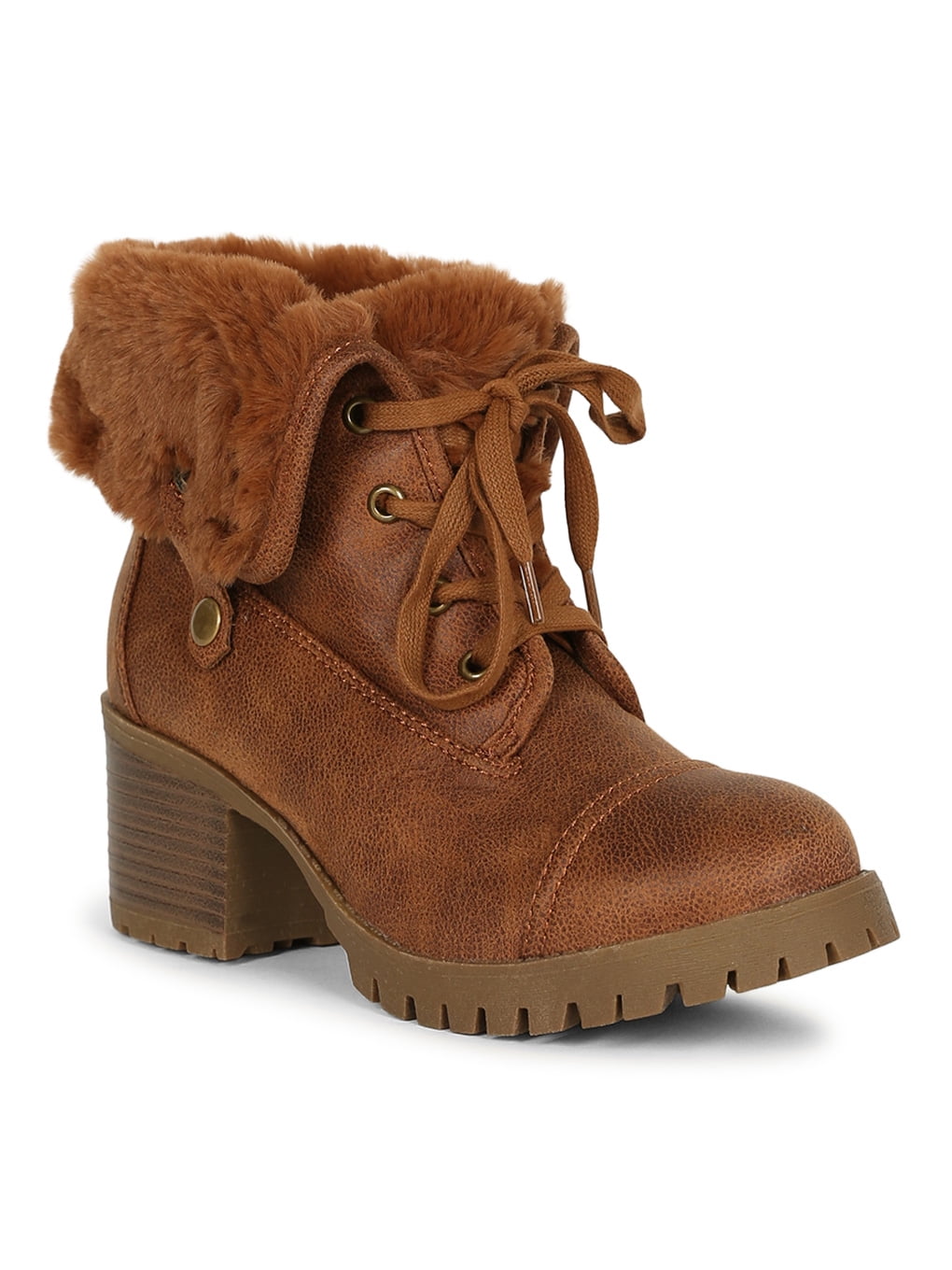 Bamboo Women Faux Fur Cuff Stacked Lug Sole Chunky Heel Combat Boot