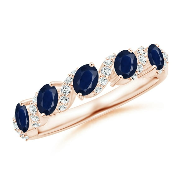 ANGARA Natural 1 Ct Five Stone Oval Sapphire Swirl Ring with Diamonds in 14K Rose Gold for Women (Size-4x3mm) | September Birthstone, Anniversary, Jewelry Gift for Women | Natural Blue Sapphire Ring