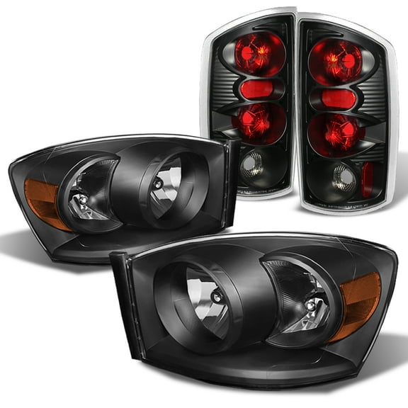 Fits 2006 Dodge Ram Pickup Truck Crystal Pattern Black Headlights Pair   Black Tail Light Lamps