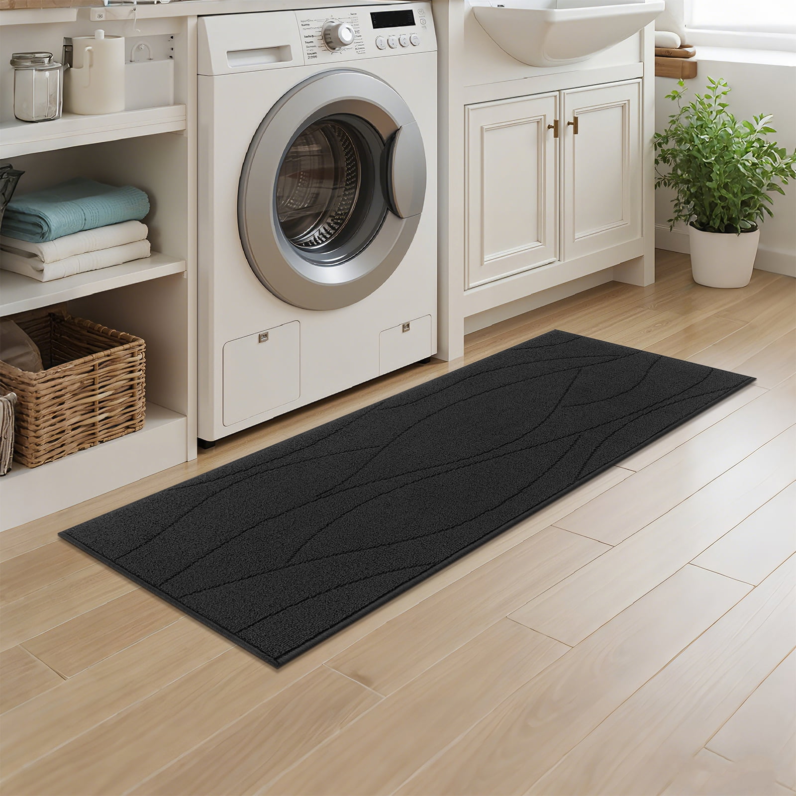 MeyJey Geometric Lines Kitchen Rugs Sets of 3, Non Slip Washable Kitchen Mats for Floor, Black