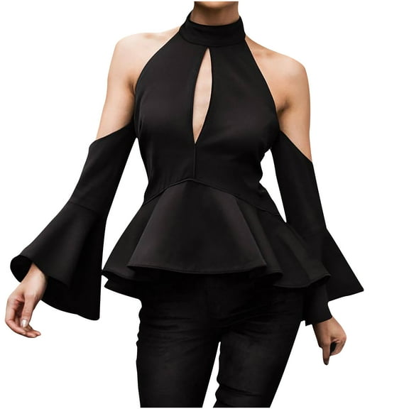 Tops Blouses for Women Cold Shoulder Flared Long Sleeve Hollow Out Tops T Shirts A-Line Turtleneck Summer Tops