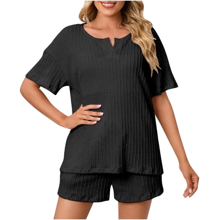 

Summer Savings HJCOMMED Women s Summer 2 Piece Outfits Women Casual Solid V-Neck Short Sleeve Top And Loose Elasticated Short Wide Leg Trousers Set Comfortable Home Pajamas Black