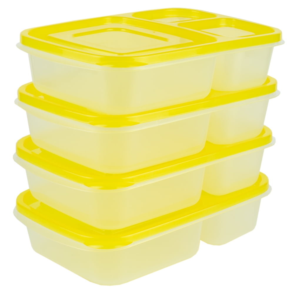 HB 3 Section Plastic Food Storage Containers, (Set of 8), Yellow