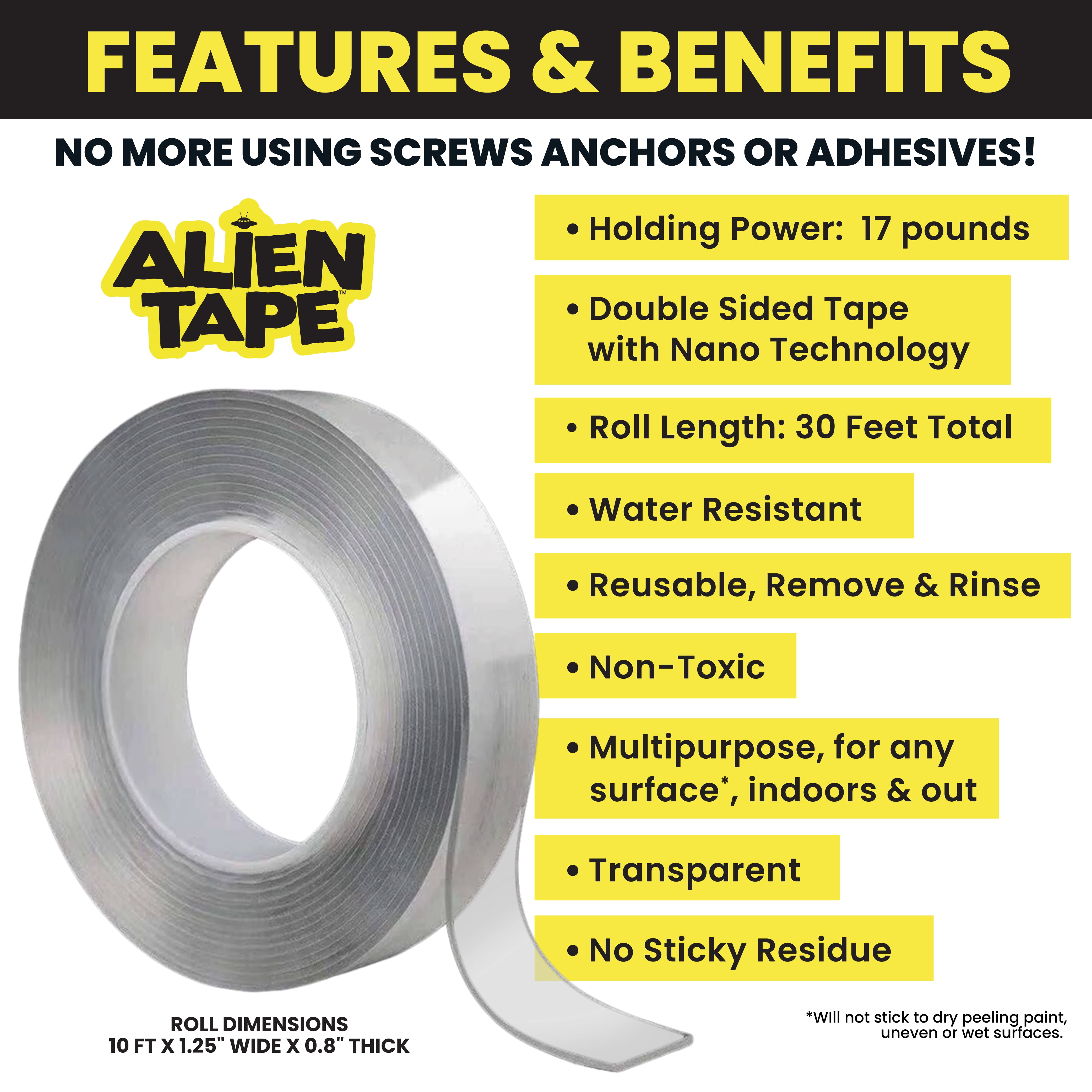 Alien Tape Multipurpose Reusable Double Sided Tape 6 Rolls, 60Ft.