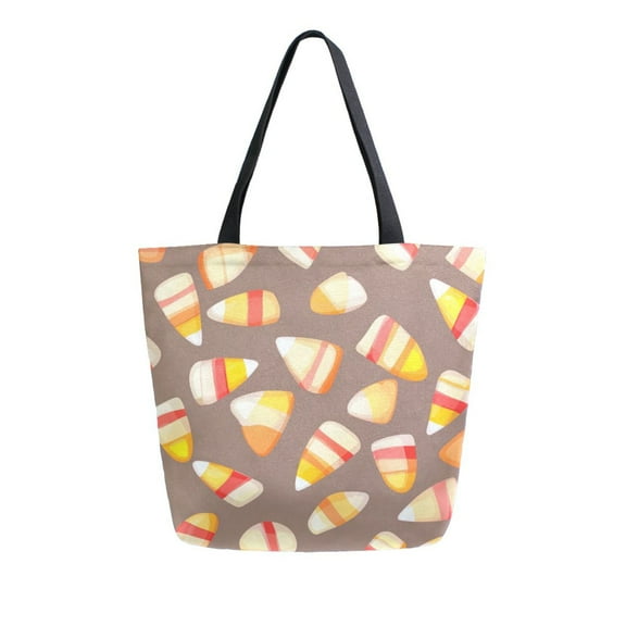 Open Top Canvas Tote Bag with Zipper Reusable Shopping Bag 13.5x15" Roomy Carryall Small Cartoon Candy Corn
