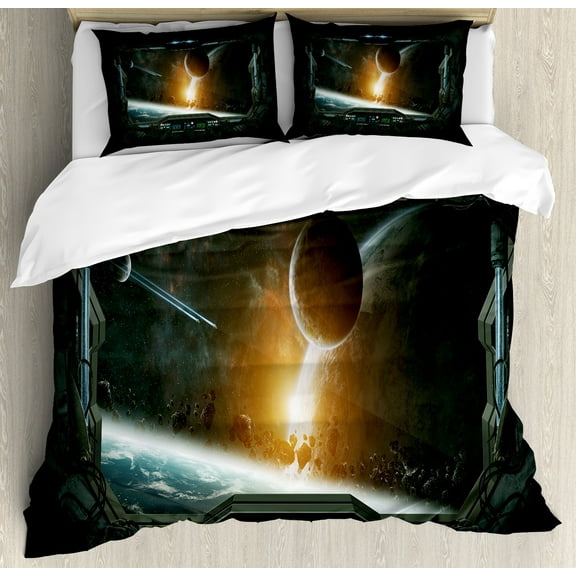 Outer Space Duvet Cover Set, Scenery of Planets from the Window of a Shuttle Bodies Astronaut Space Station, Decorative 3 Piece Bedding Set with 2 Pillow Shams, Calking Size, Grey Orange, by Ambesonne