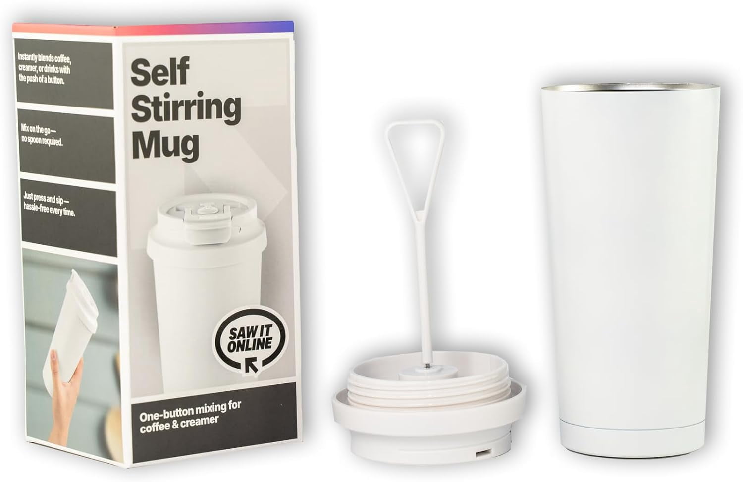 White Automatic Self-Stirring Coffee Mug with Lid, Battery Powered - Ideal for Coffee, Tea & Hot Chocolate
