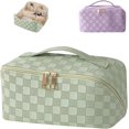 thumbnail image 1 of Pu Leather Waterproof Make Up Bag with Handle and Divider Fashionable Makeup Organiser Bag Portable Travel Storage Large Makeup Bag (Green), 1 of 5