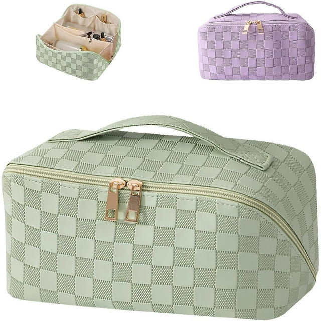 Pu Leather Waterproof Make Up Bag with Handle and Divider Fashionable Makeup Organiser Bag Portable Travel Storage Large Makeup Bag (Green)