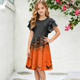 thumbnail image 4 of Grblisyd Girls Halloween Dresses Casual Ruffle Short Sleeve Midi Dress Cute Pumpkin Print Crew Neck A-Line Dress, 4 of 5