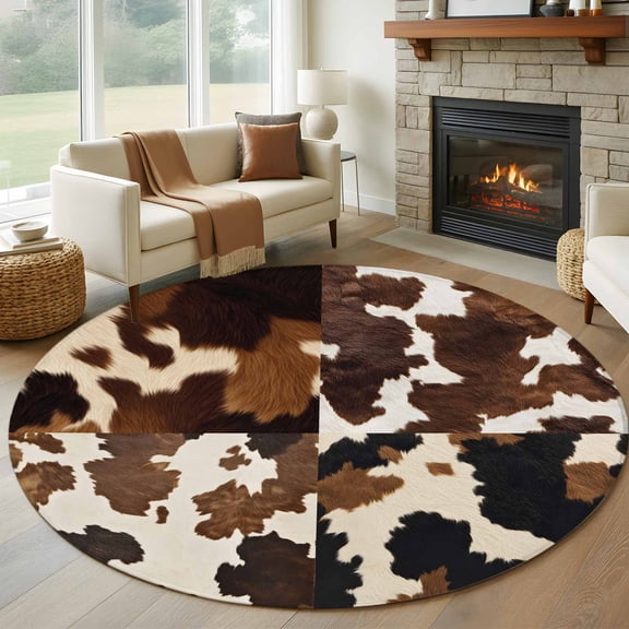 Cow Patterned Round Rug 5ft Washable Circle Kitchen Rugs Non Slip Vintage Farmhouse Abstract Country Western Large Area Rug Indoor Floor Carpet for Bedroom Living Room Home Office Dining Room Nursery