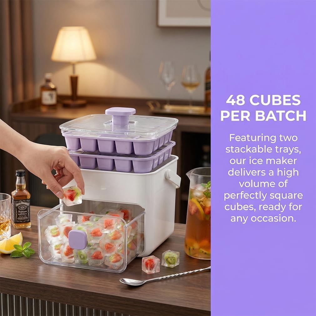 48 Cube Double-Deck Portable Ice Maker with Insulated Bag & Easy Press Lid,Silicone Trays,Counte,Produces 48 Ice Cubes,Stores Over 150 Cubes for DIY Whiskey,Outdoors,Parties