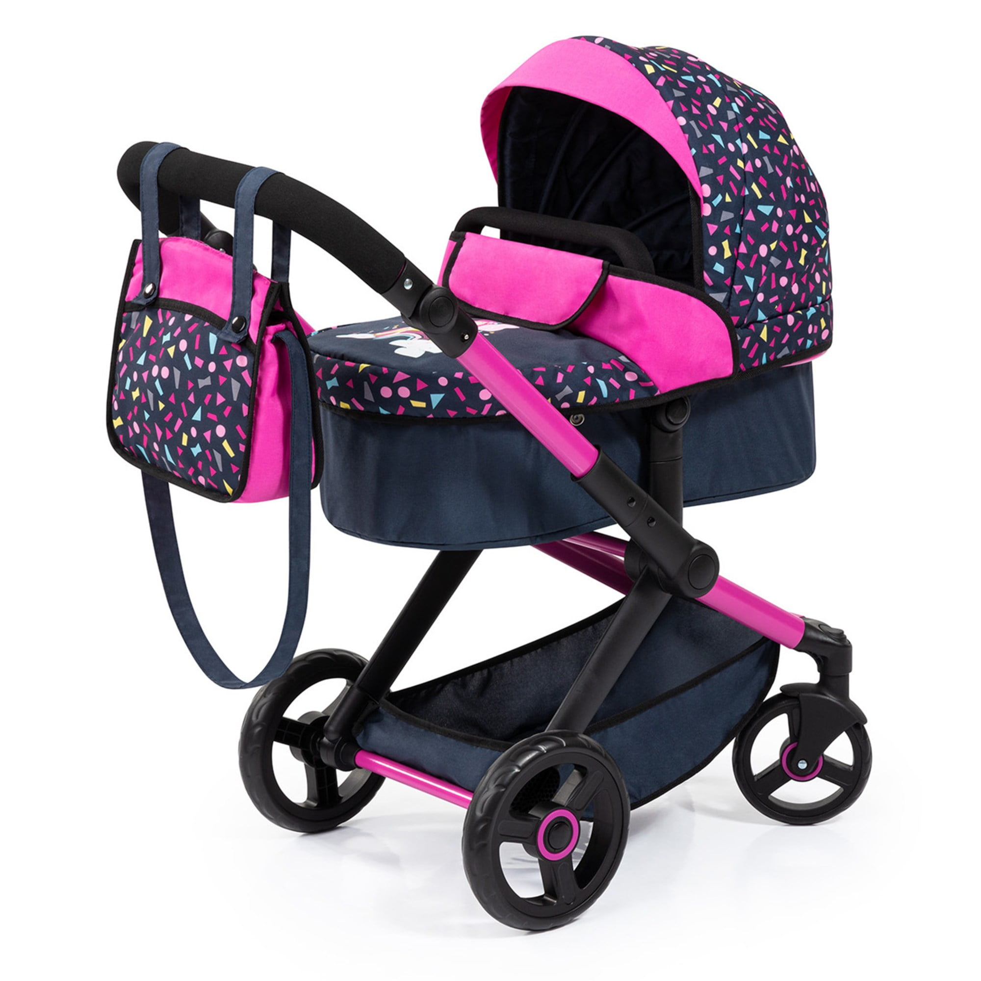 Bayer Design Dolls Pram Xeo Hearts Black Pink Matching Handbag Adjustable Handle For Dolls Up To 20