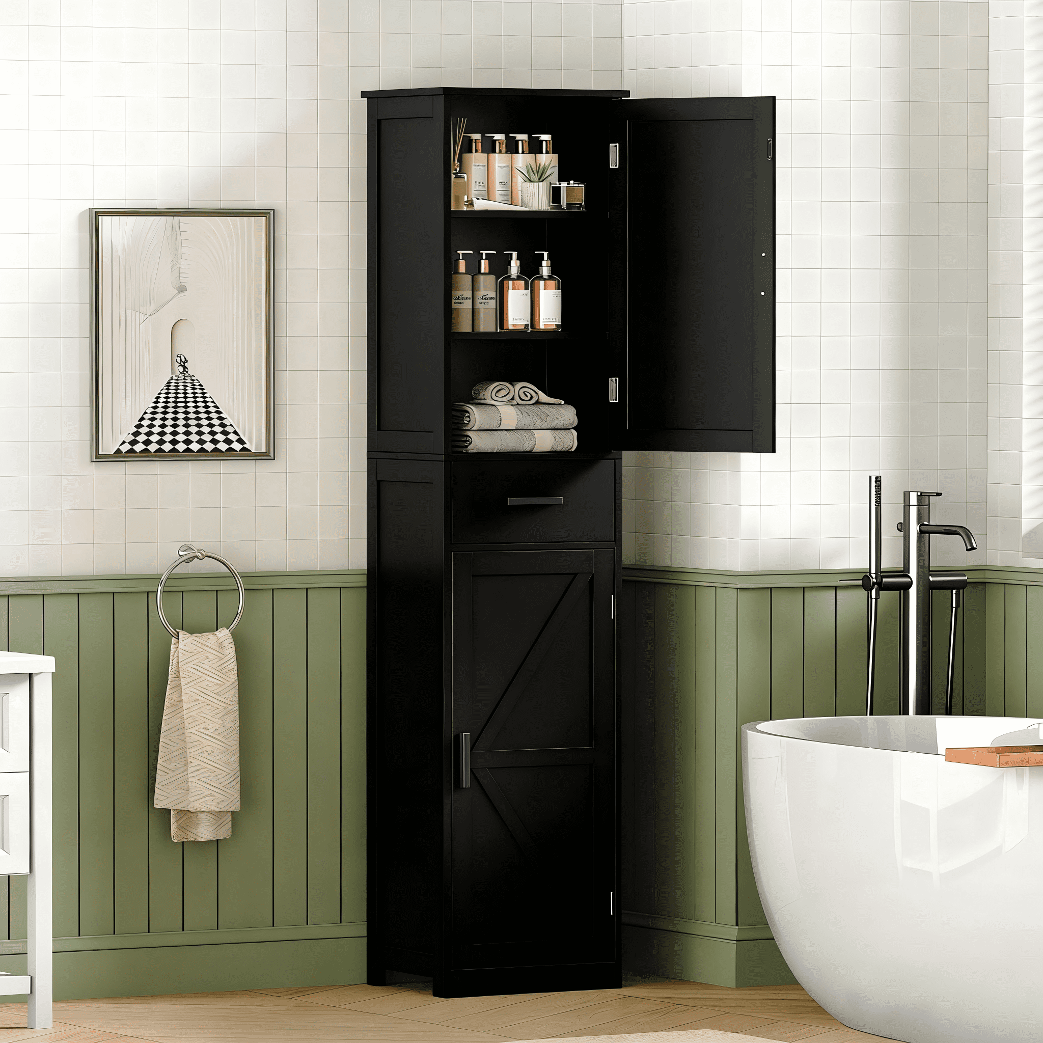 LENLN Modern 67'' Tall Storage Cabinet, 2 Doors & 1 Drawer with Adjustable Shelves, Freestanding Organizer for Kitchen and Bathroom