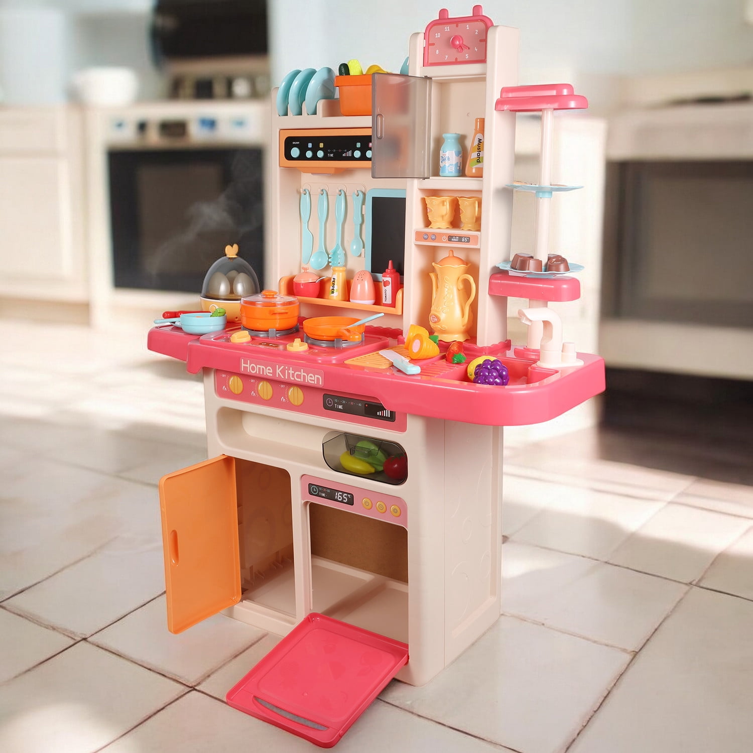 65-Piece Kids Pretend Play Kitchen Set with Play Food, Pots, Pans, Utensils, Plates and Menu Board