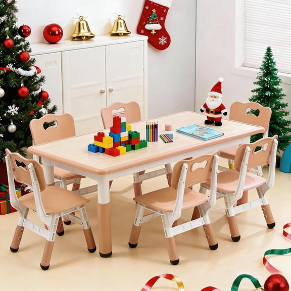 Kicctian Modern Kids Table and 6 Chair Set, 47.20in Height Adjustable Toddler Table with Non-Slip Legs, Organizer, Graffiti Desktop for Ages 2-10, Wood Color