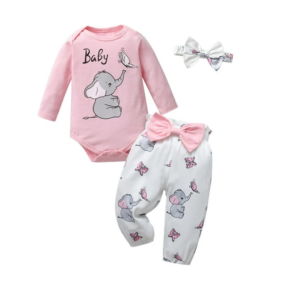 Newborn Baby Girl Clothes Animals Style Long Sleeve Ruffle Romper Pants Set 3PCS Fall Outfits Pink
