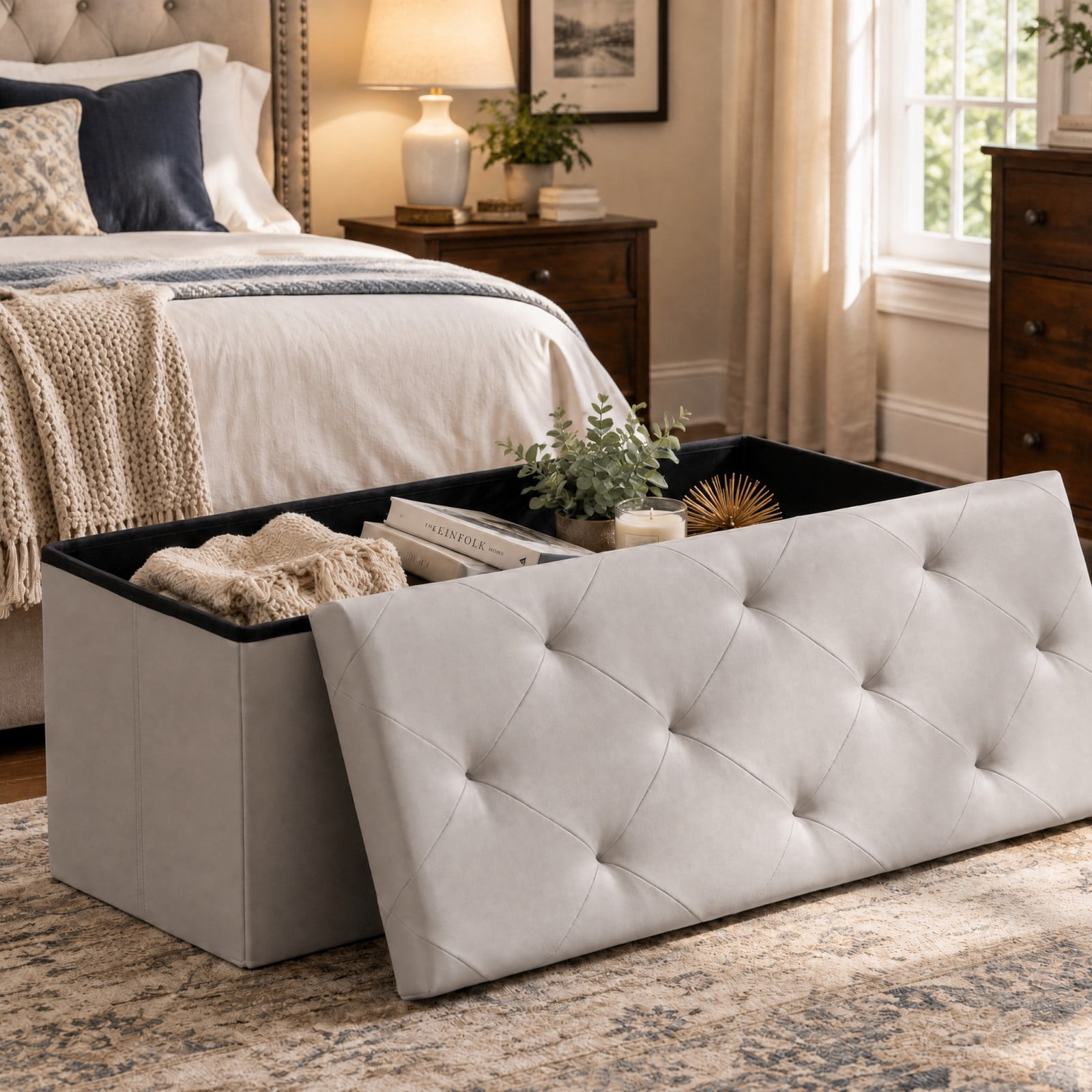 Telyra 43" Foldable Storage Ottoman Bench Faux Leather Footrest Stool with Foam Padded Seat, Gray