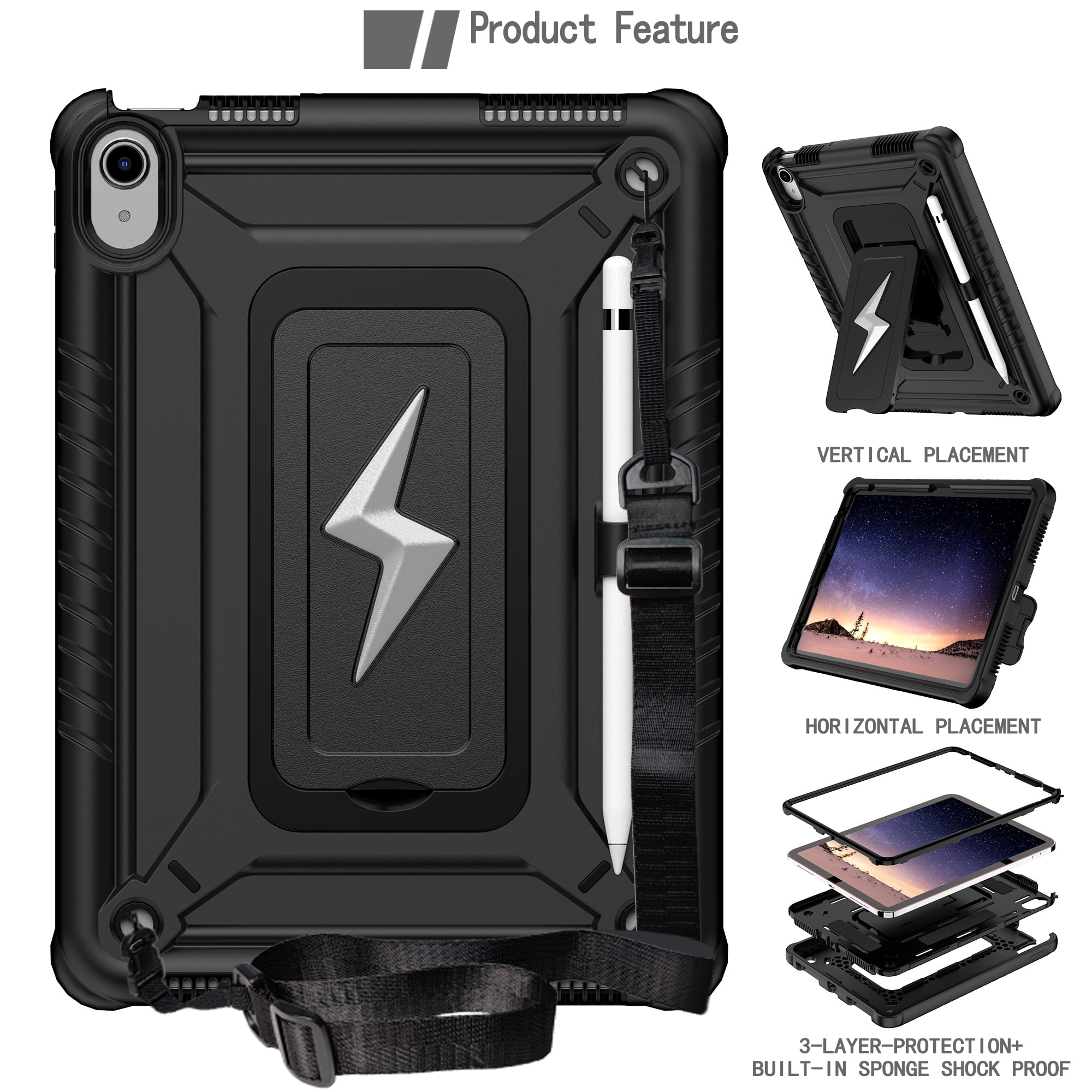 Allytechgroup Heavy Duty Shockproof Case for Apple iPad A16 11th Generation 11" 2025 & iPad 10th Generation 10.9" 2022, Tablet Case with Kickstand, Pencil Holder, Strap Kids Friendly Cover,Black