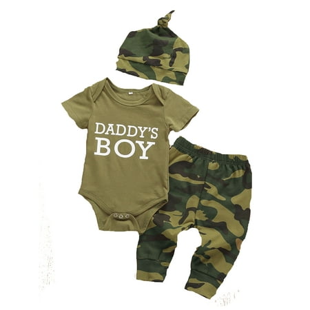

Brilliantme Toddler Baby Boy Girl Outfits Camouflage Letter Print Romper Long Pants Hat Clothes Set Daddy s Boy 6-9 Months