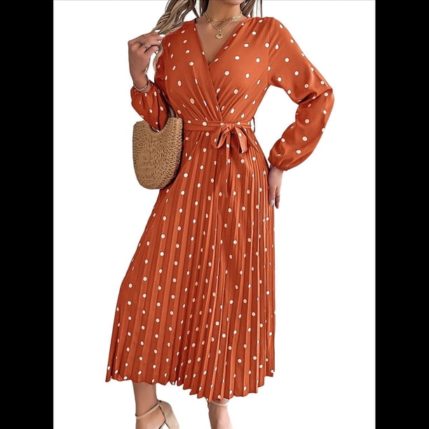 Vestido Plisado de Larga con Cuello en V y Lunares para Mujer, Informal, Holgado y con Cinturón Color Naranja L