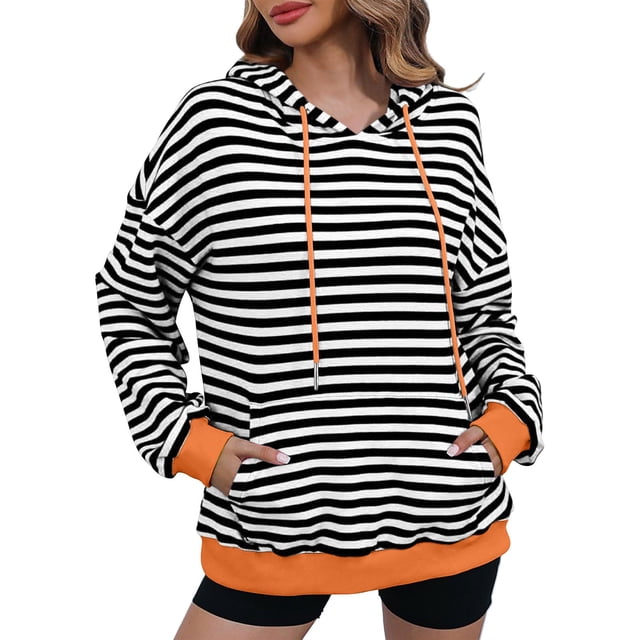 TIMIFIS Chandails à Rayures d'Automne pour Femmes, Mode, Manches Longues, Chandail à Capuchon à Cordon, Chandail d'Hiver, Chandail pour Dames avec Poche